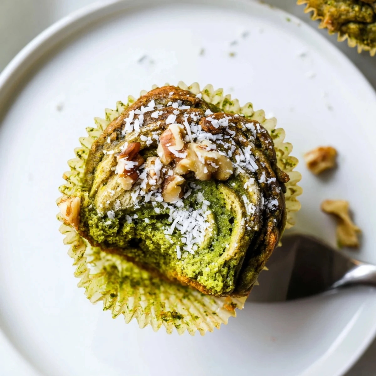 Slice into Matcha Banana Coconut Muffins showing moist green crumb, nutty crunch