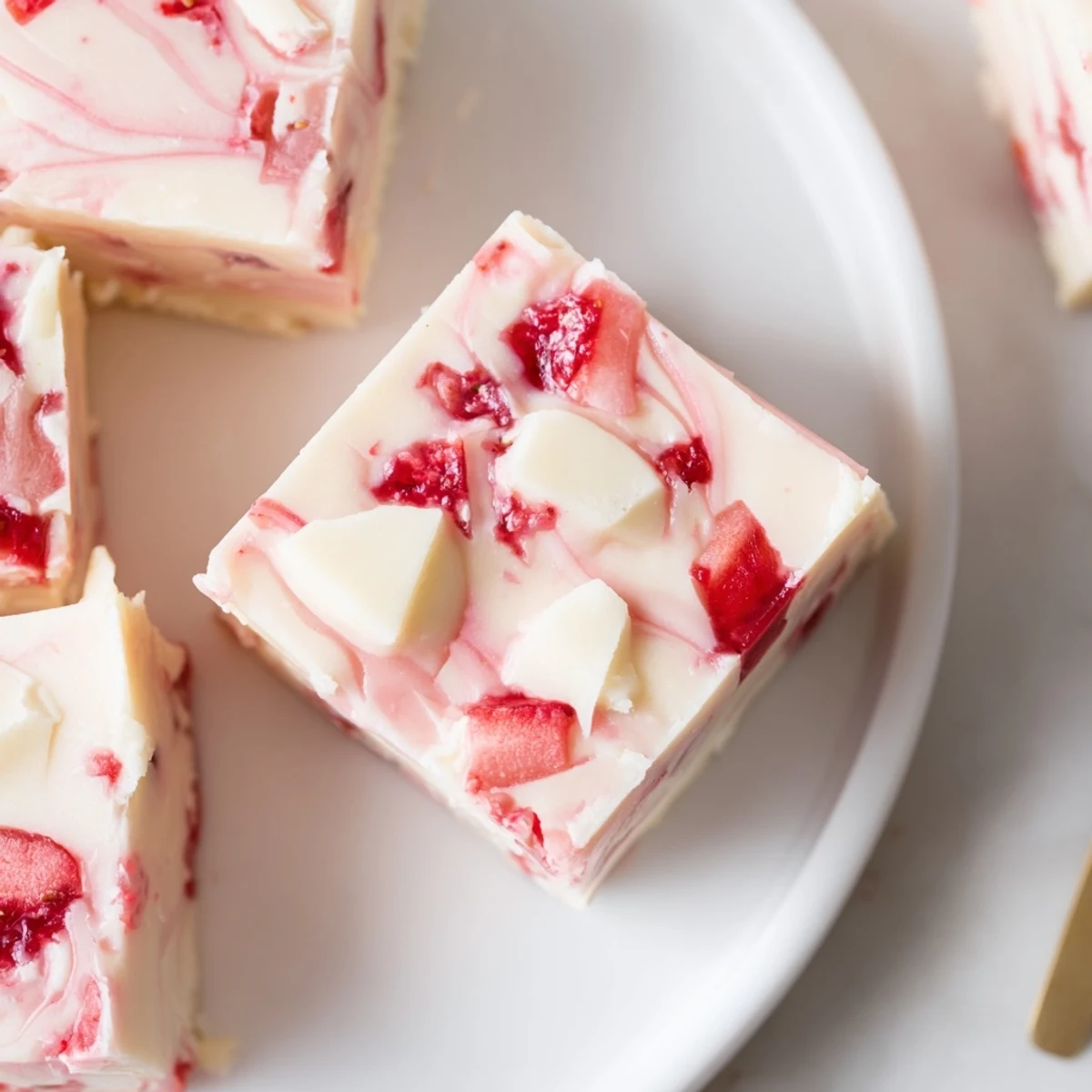 Strawberries Cream Fudge Delight on parchment, marbled pink swirls, chilled squares