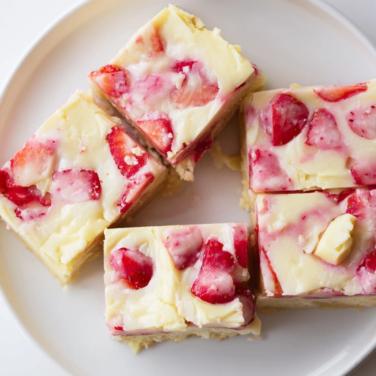 Close-up of Strawberries Cream Fudge Delight showing glossy white chocolate and strawberry ribbons