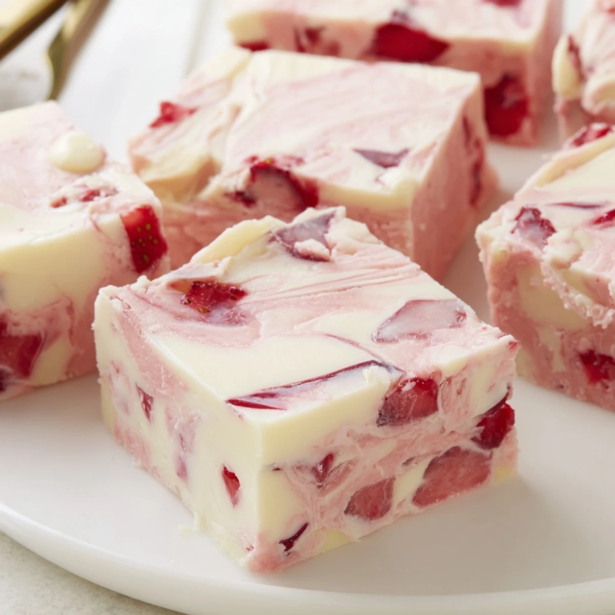 Stacked Strawberries Cream Fudge Delight squares served with fresh berries, creamy texture