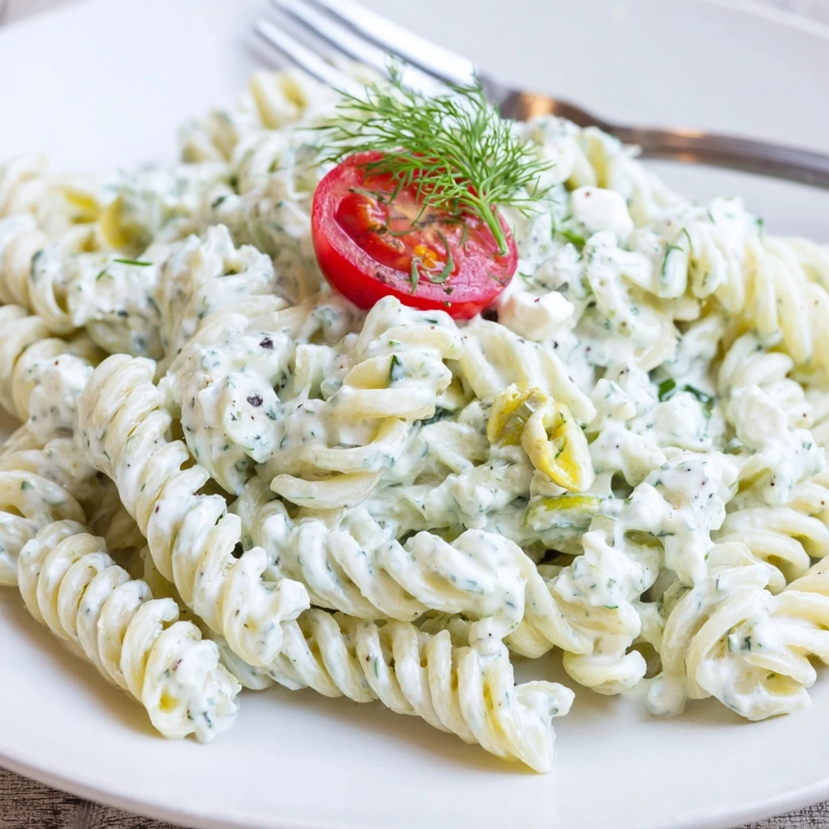 Tzatziki Pasta Salad Mix chilled in bowl, creamy yogurt, crisp cucumber, dill.