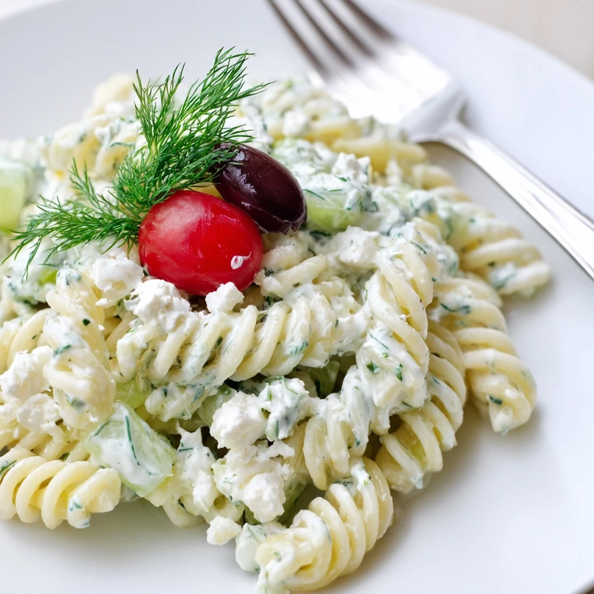 Summer-ready Tzatziki Pasta Salad Mix tossed with feta, tomatoes, cool herbs.