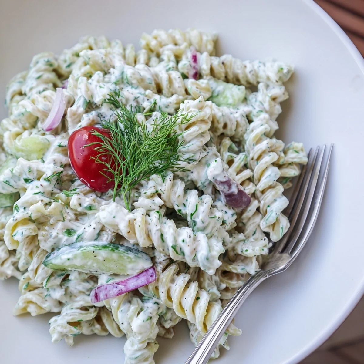 Make-ahead Tzatziki Pasta Salad Mix served chilled, bright lemon and garlic.