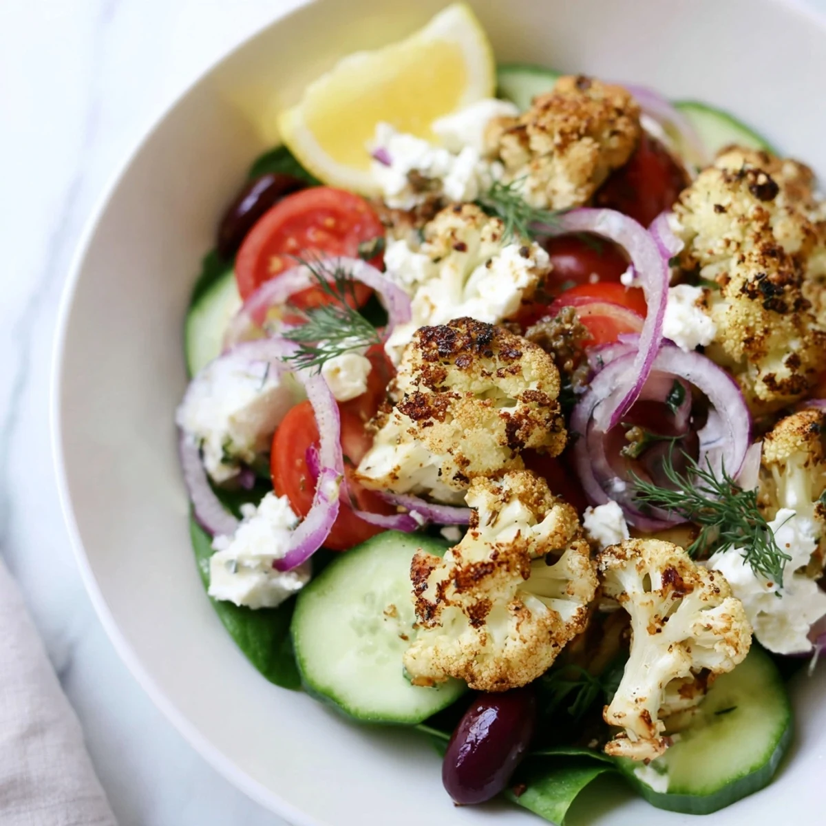 Golden roasted Greek cauliflower bowl topped with crumbled feta and fresh vegetables on rustic stoneware