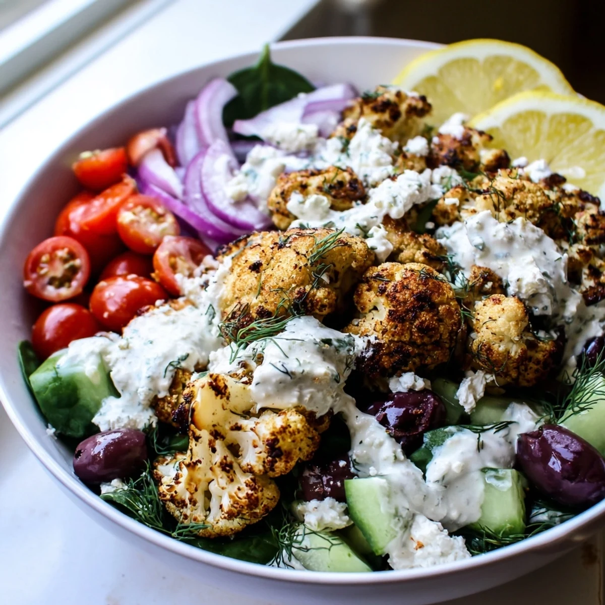 A vibrant Greek cauliflower bowl drizzled with creamy tzatziki over leafy greens and ripe tomatoes