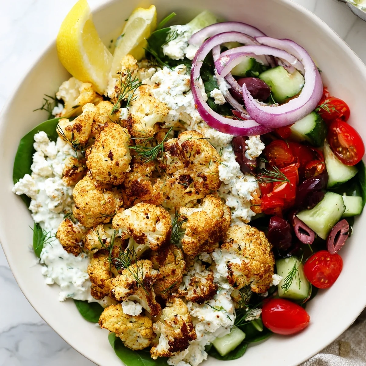 Warm Greek cauliflower bowl arranged with olives cucumber and tangy feta beside a lemon wedge