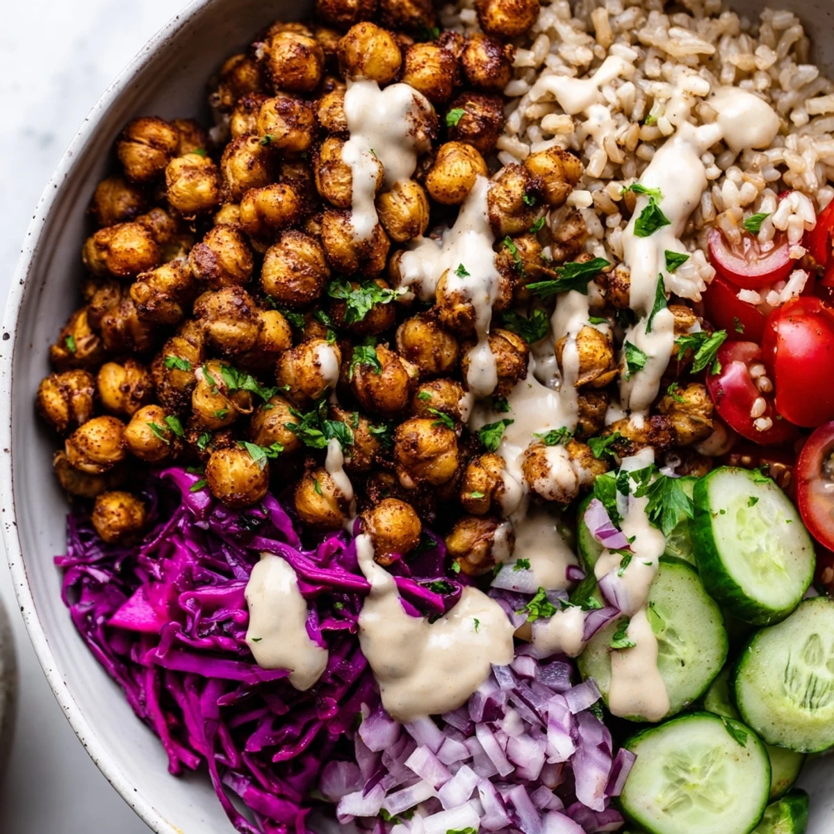 Golden spiced chickpea shawarma bowl drizzled with creamy tahini over fresh crisp greens