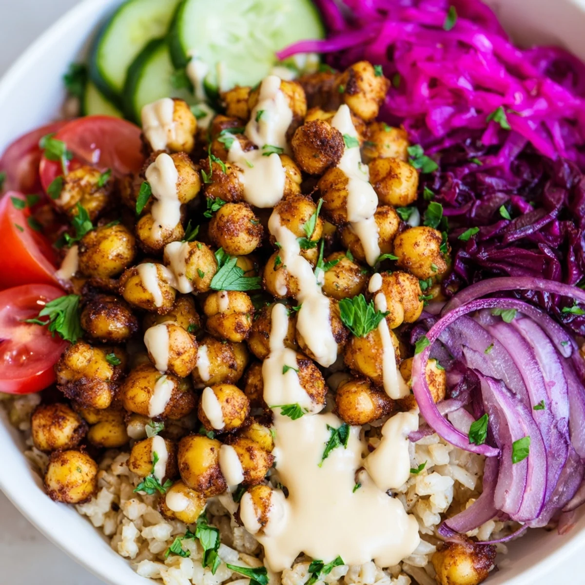 Colorful chickpea shawarma bowl with roasted vegetables and tangy pickled cabbage garnish