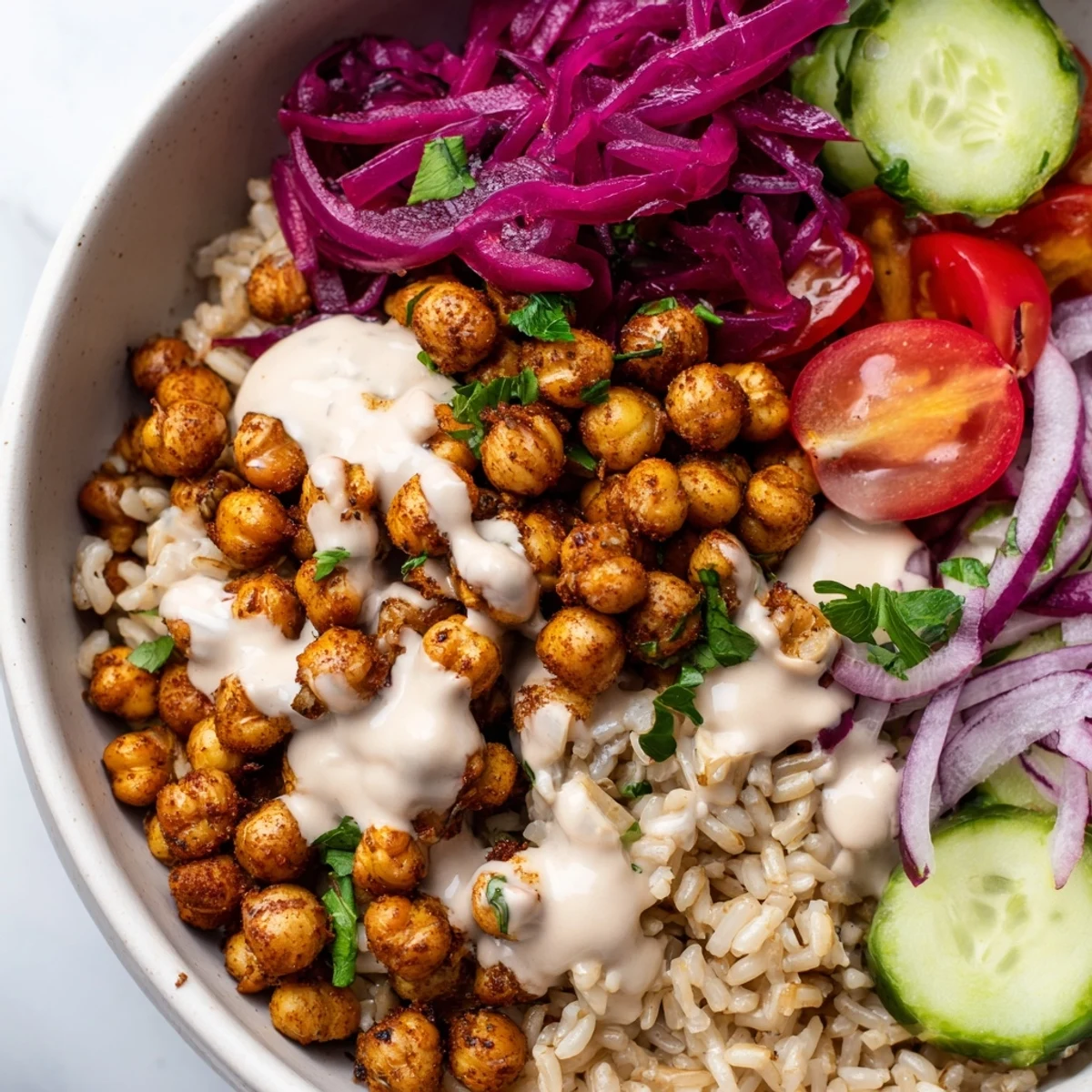 Warm crispy chickpea shawarma bowl served on fluffy rice with bright lemon wedges