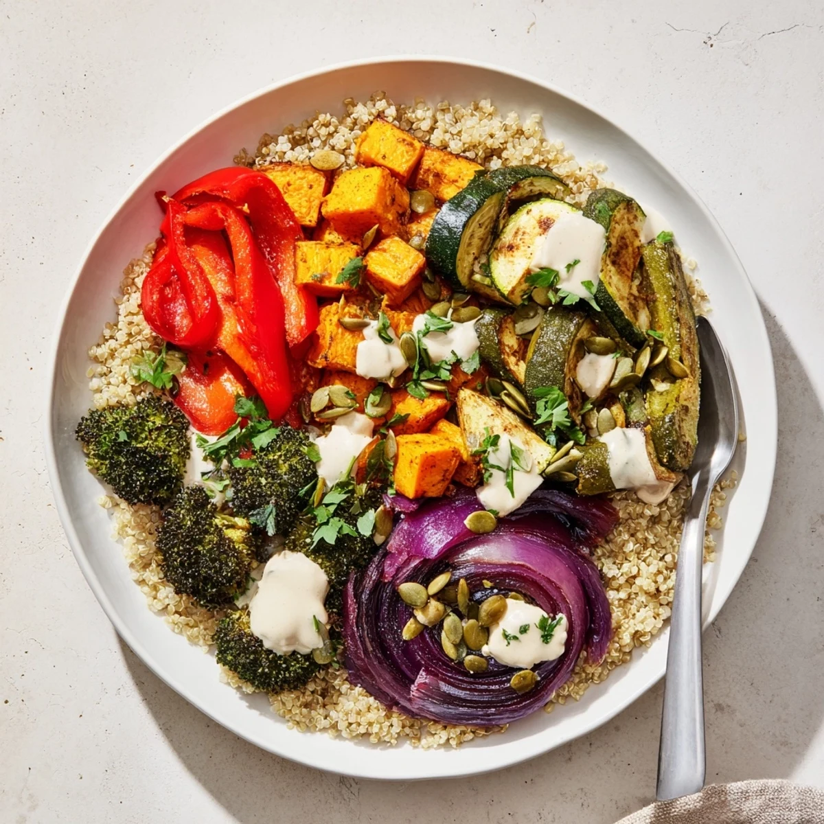 Grain bowl with roasted vegetables drizzled with creamy tahini dressing on rustic dish