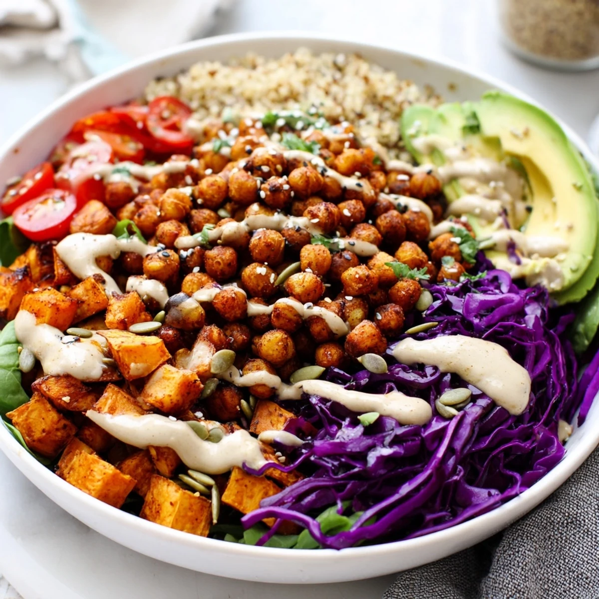Colorful Buddha Bowl with roasted sweet potato, crispy chickpeas, and creamy tahini dressing