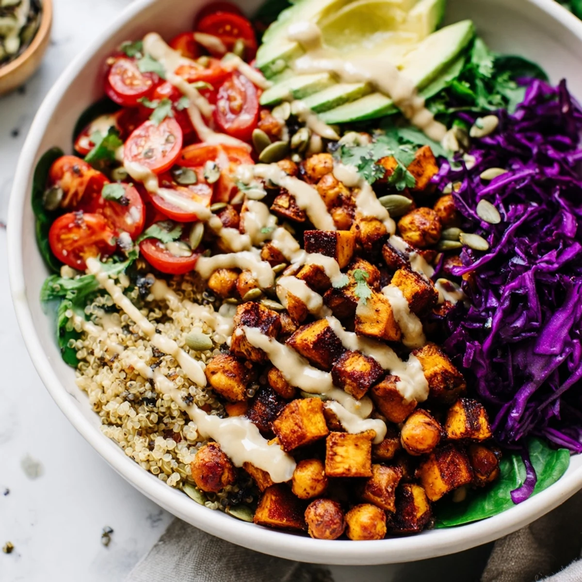 Vibrant Buddha Bowl served over quinoa with fresh avocado, red cabbage, and tomatoes