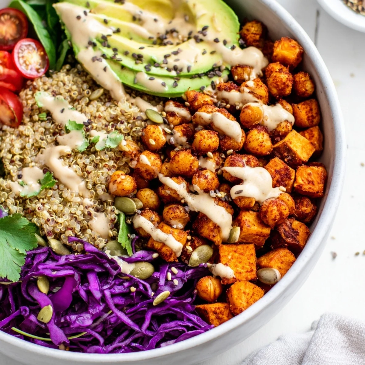 Nourishing Buddha Bowl drizzled with tahini sauce and topped with toasted sesame seeds