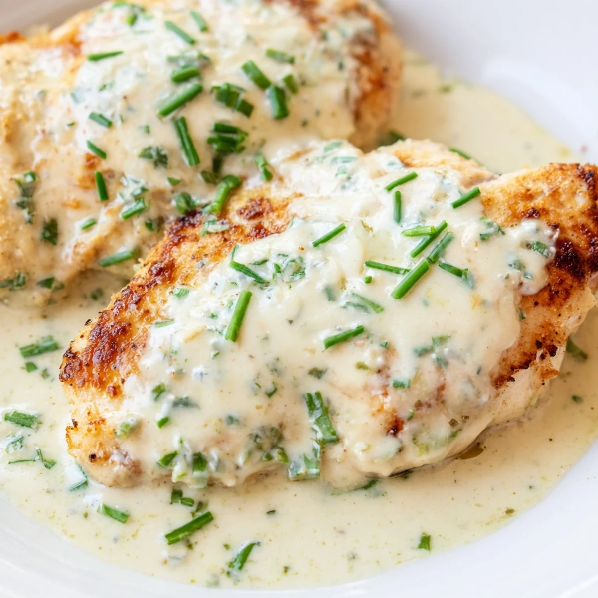 Creamy Boursin cheese sauce cascading over pan-seared chicken breasts garnished with fresh chives