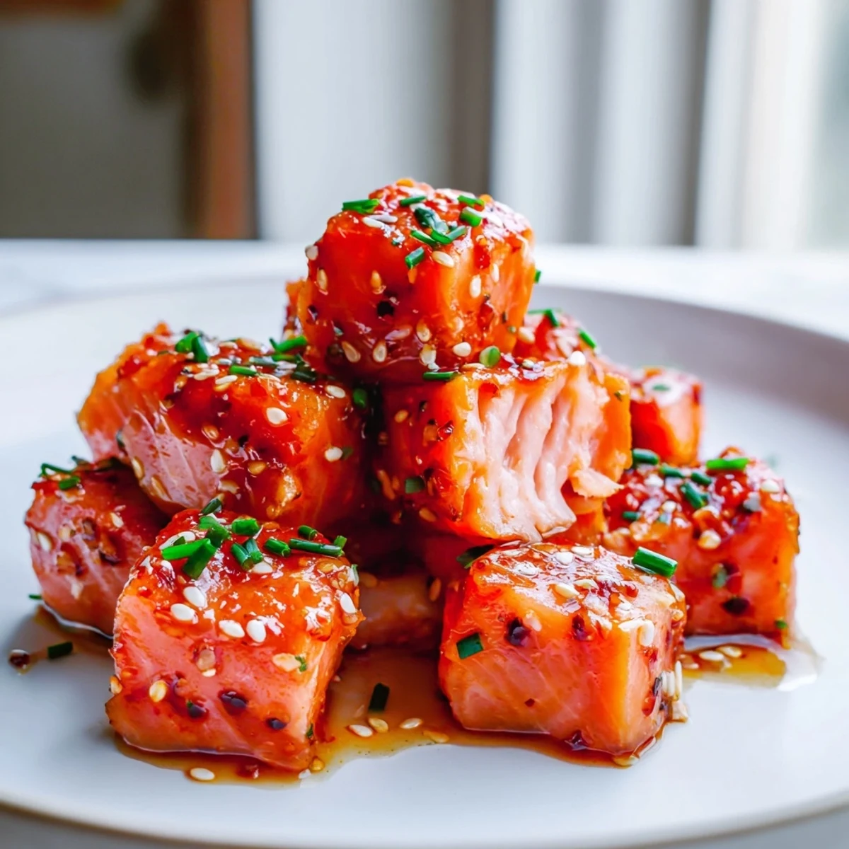 Caramelized hot honey salmon bites topped with sesame seeds and fresh chives on a white plate