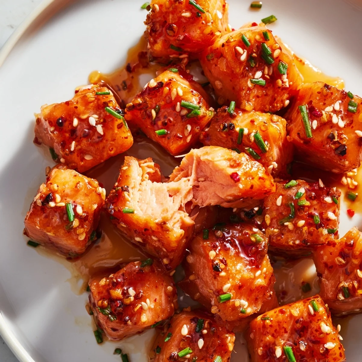 Golden salmon cubes coated in a glistening spicy sweet hot honey glaze ready to serve