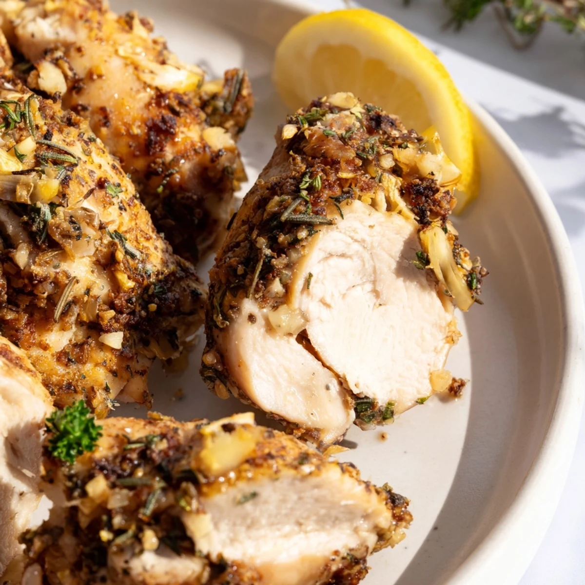 Juicy savory garlic herb chicken sliced open revealing tender herb-flecked meat inside