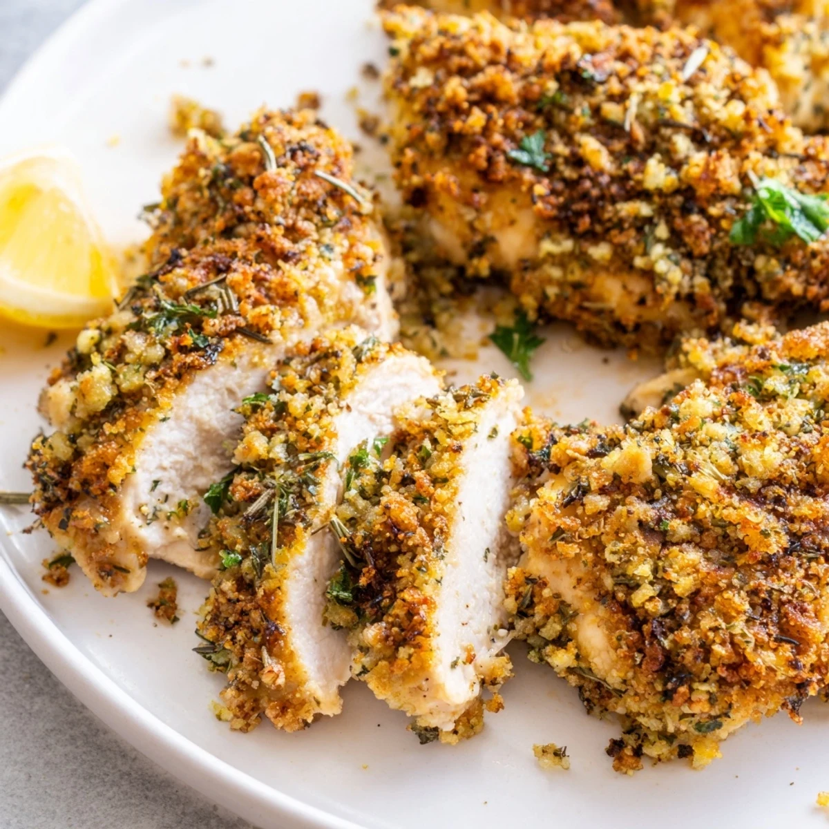 Golden savory garlic herb chicken with crispy edges on a white serving plate