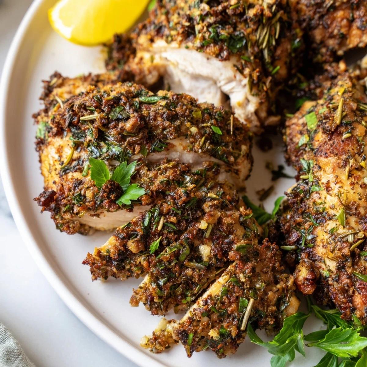 Savory garlic herb chicken garnished with fresh parsley and bright lemon wedges