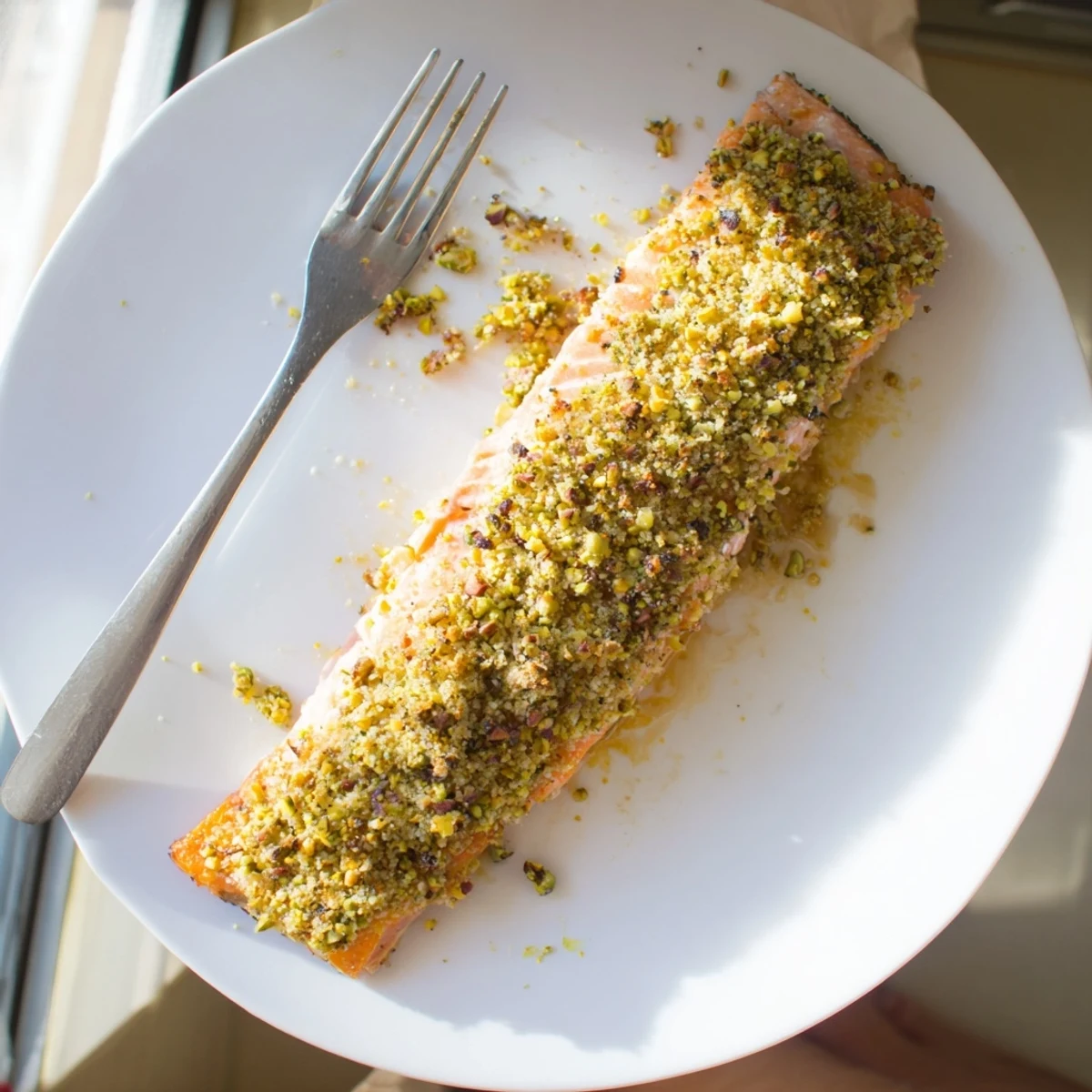 Golden maple pistachio salmon fillet with a crunchy nut crust fresh from the oven