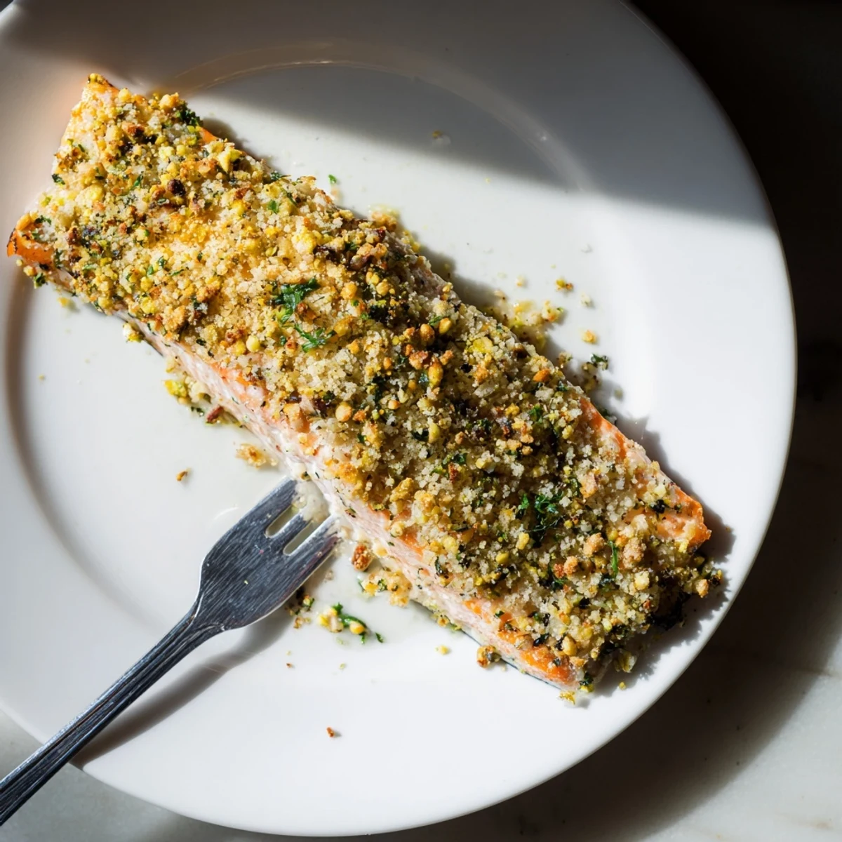 Crispy pistachio-crusted maple salmon glazed and baked on a parchment-lined sheet pan