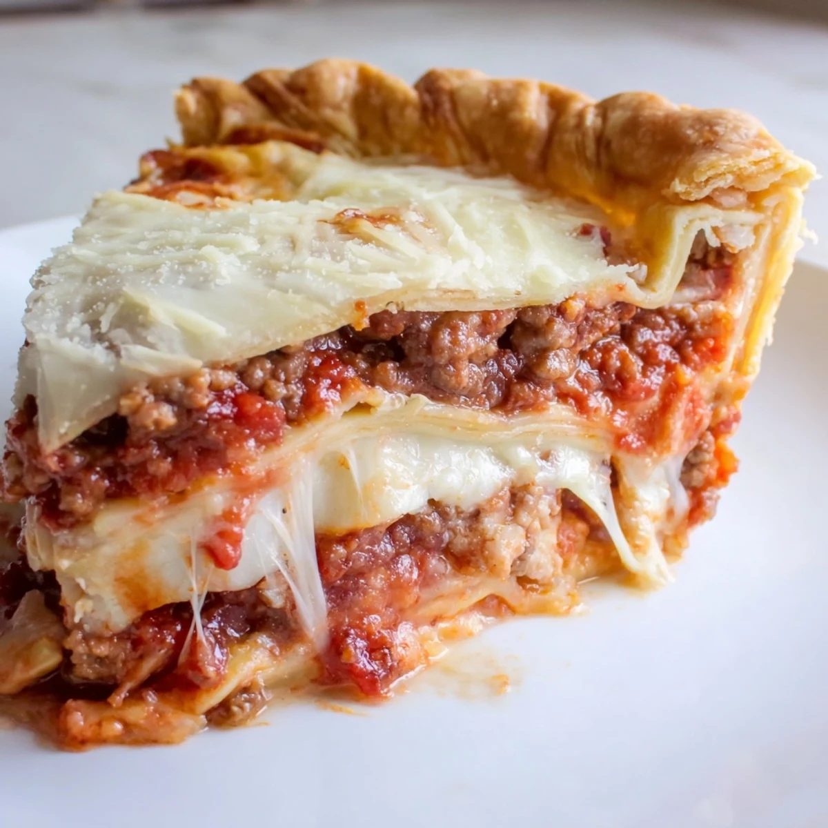 Golden bubbly cheesy lasagna pie with gooey layers fresh from the oven