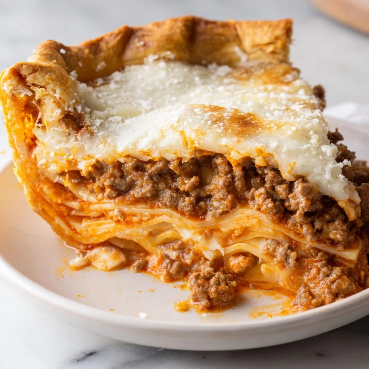 Cheesy lasagna pie sliced open revealing stretchy mozzarella and rich meat sauce