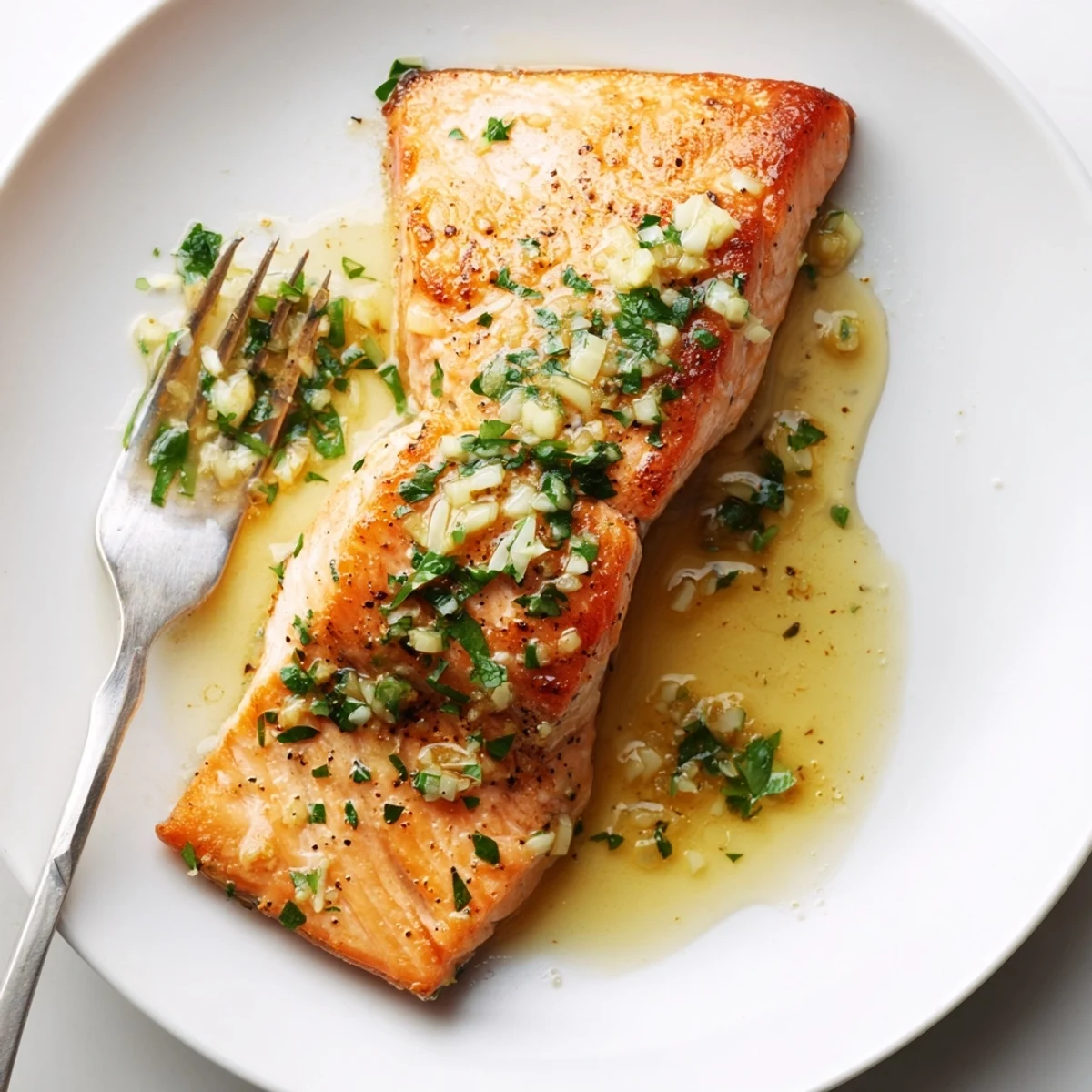 Golden garlic butter salmon fillets glistening with lemon herb sauce on a white plate
