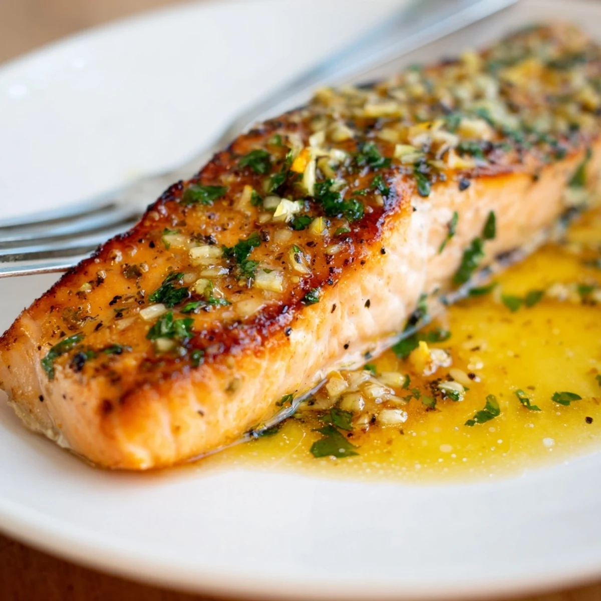 Pan-seared garlic butter salmon drizzled with rich melted butter and fresh parsley garnish