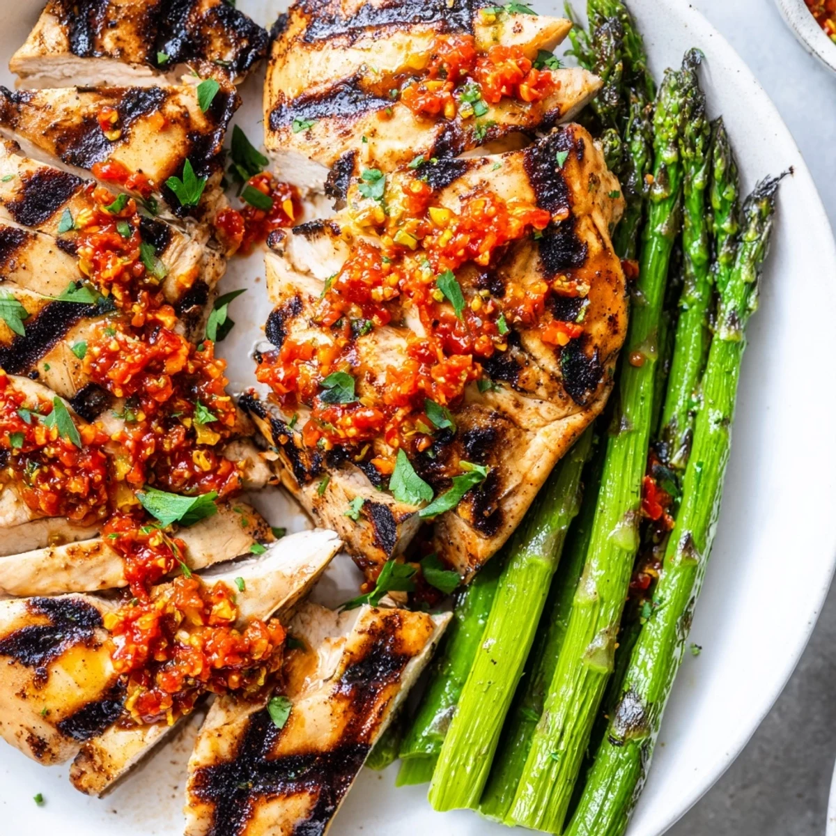Juicy grilled chicken with asparagus drizzled in vibrant Calabrian chili sauce, fresh off the grill.
