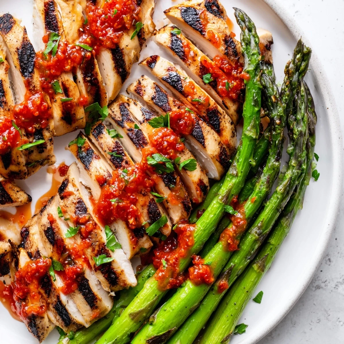 Grilled asparagus chicken topped with spicy Calabrian chili sauce, lemon zest, and chopped parsley.