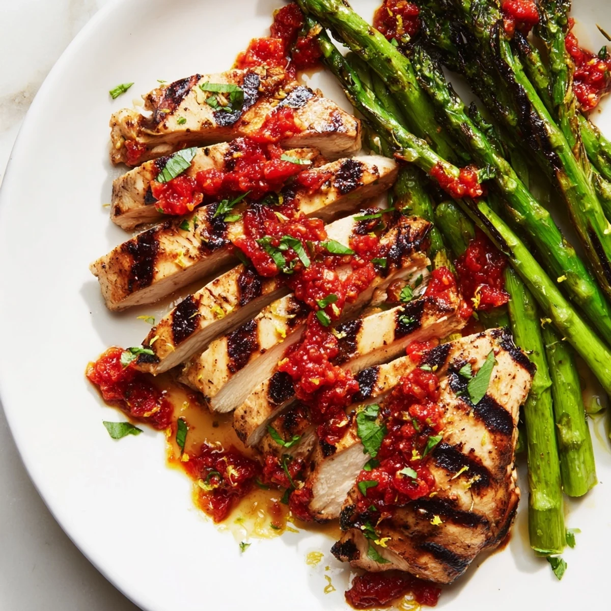 Smoky grilled chicken breasts beside tender asparagus spears coated in a bold Calabrian chili sauce.