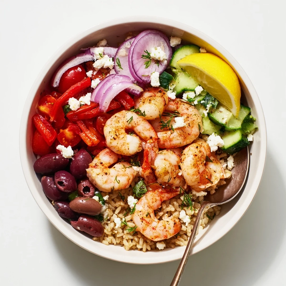 Colorful Greek Shrimp Mediterranean Bowl with juicy shrimp, crisp veggies, and tangy feta cheese
