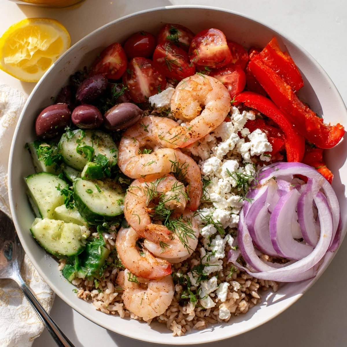 Golden seared shrimp over a Greek Shrimp Mediterranean Bowl with bright lemon herb dressing