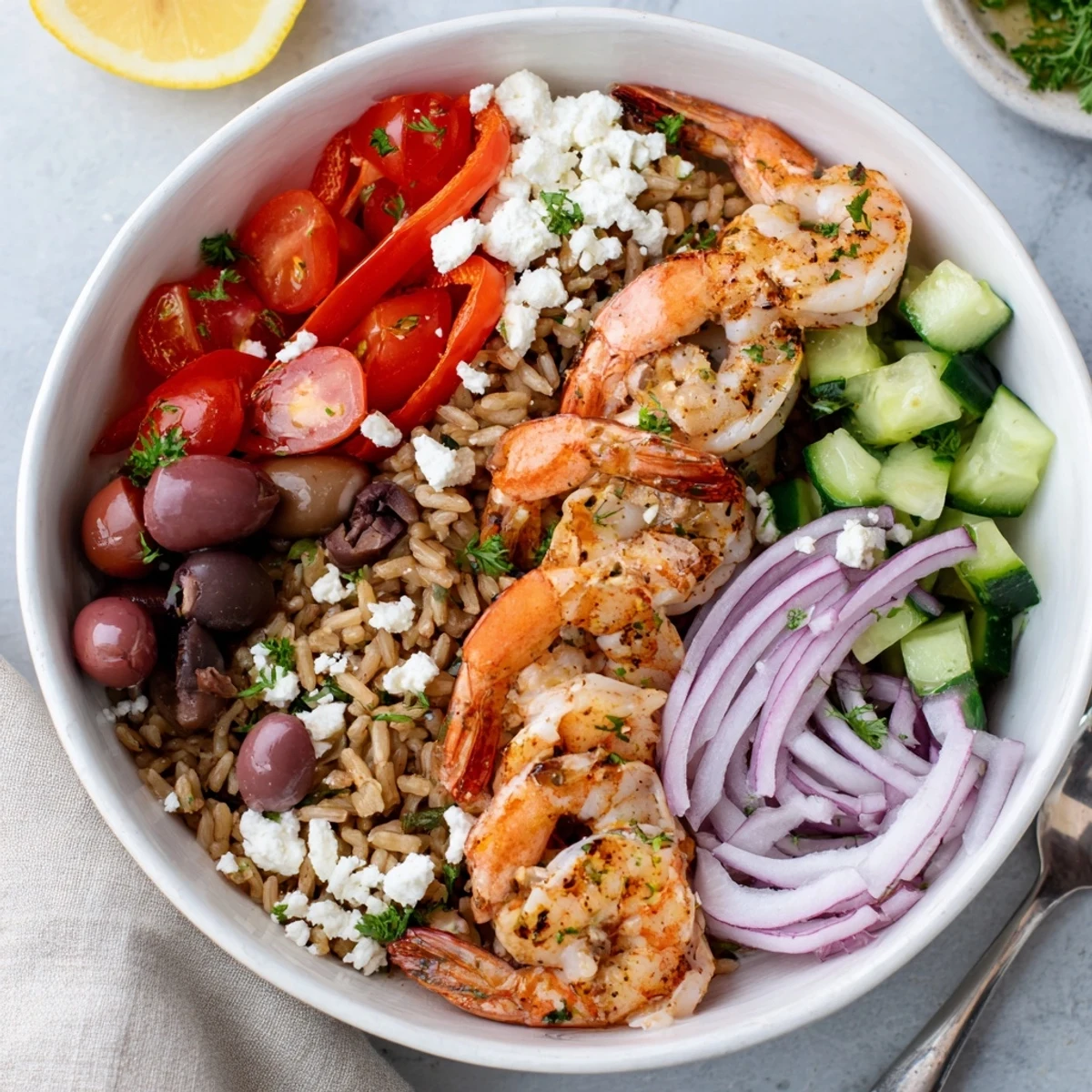 Warm Greek Shrimp Mediterranean Bowl loaded with olives, roasted peppers, and crumbled feta