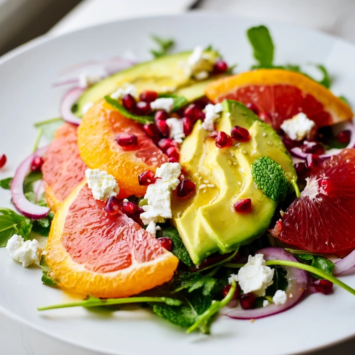 Citrus Salad with Pomegranate Jewels arranged on a platter with vibrant orange and grapefruit slices, creamy avocado, and crumbled feta