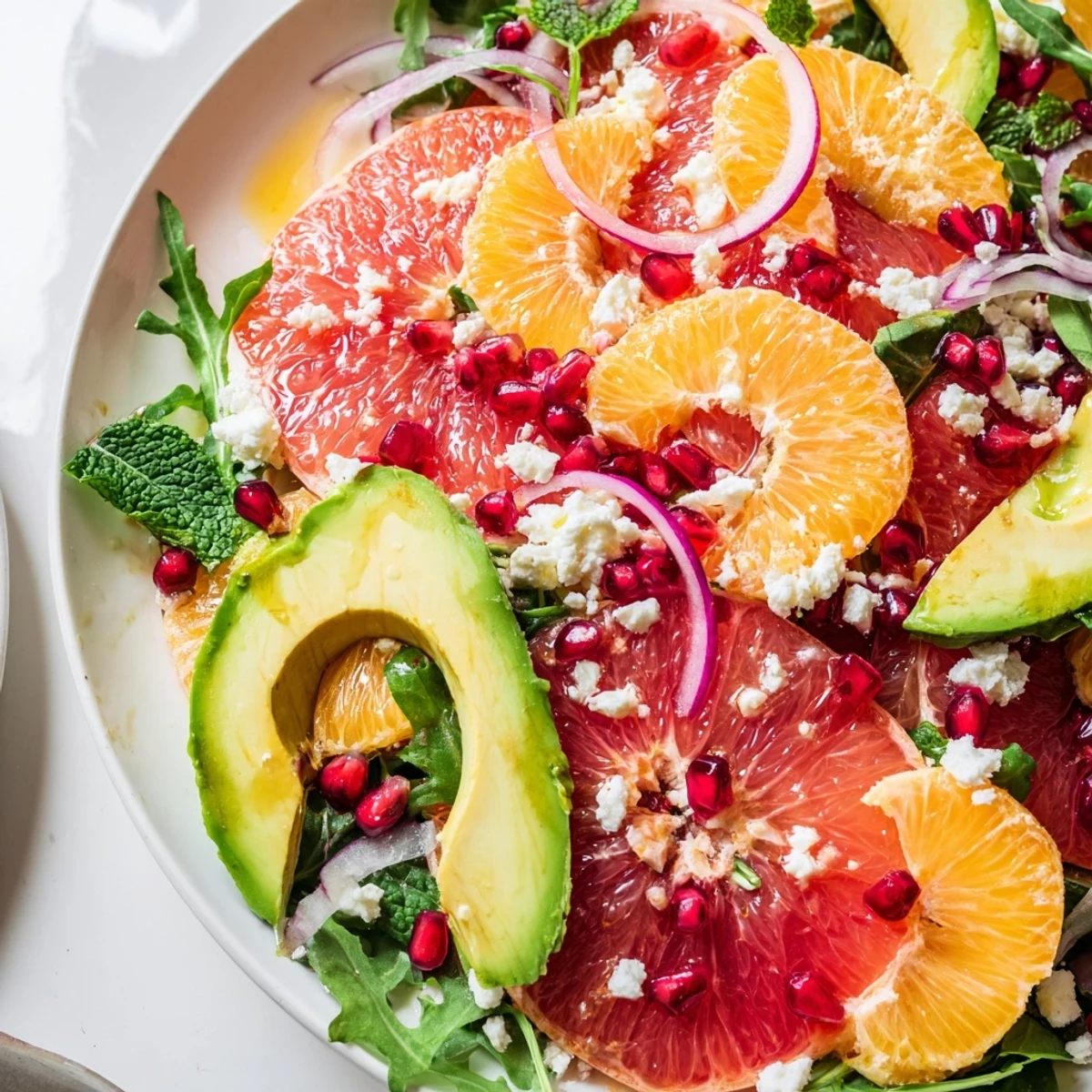 A close-up of Citrus Salad with Pomegranate Jewels showing juicy citrus segments, ruby-red arils, and fresh mint garnish drizzled with olive oil dressing