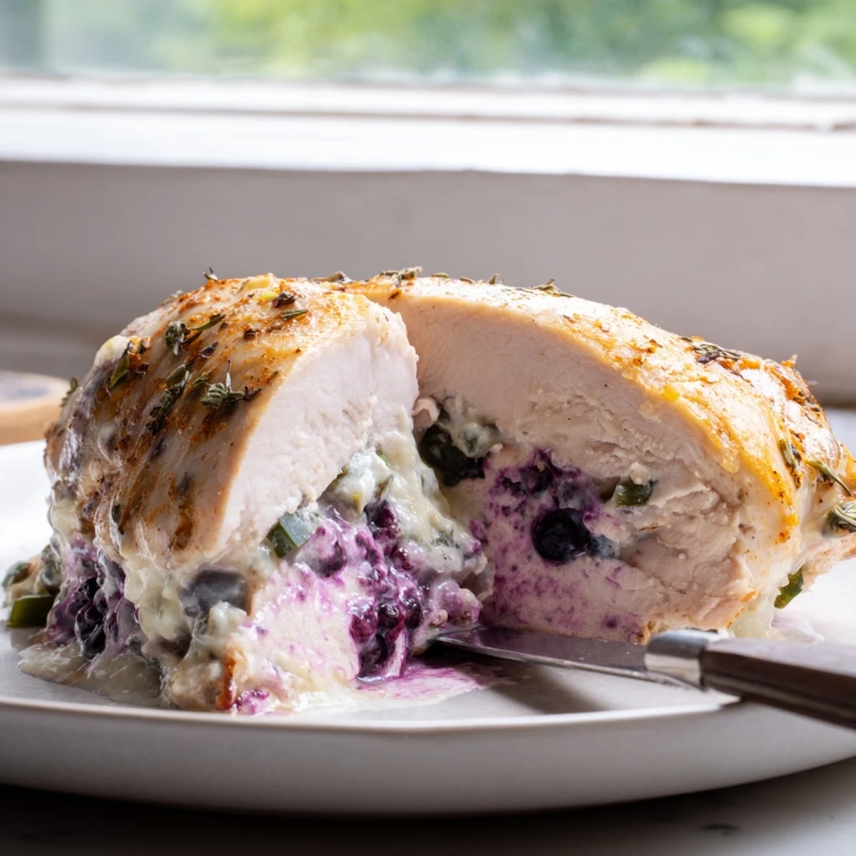 Juicy Blackberry Jalapeno Stuffed Chicken fresh from the oven with bubbling purple cream cheese filling