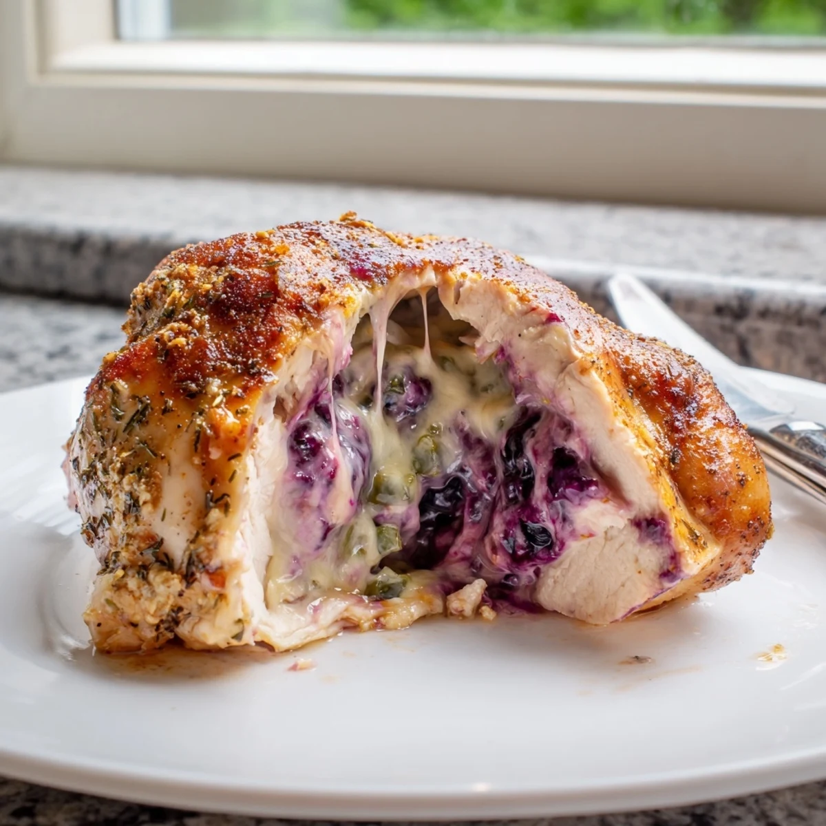 Golden baked Blackberry Jalapeno Stuffed Chicken sliced open revealing a melty berry and pepper cheese center