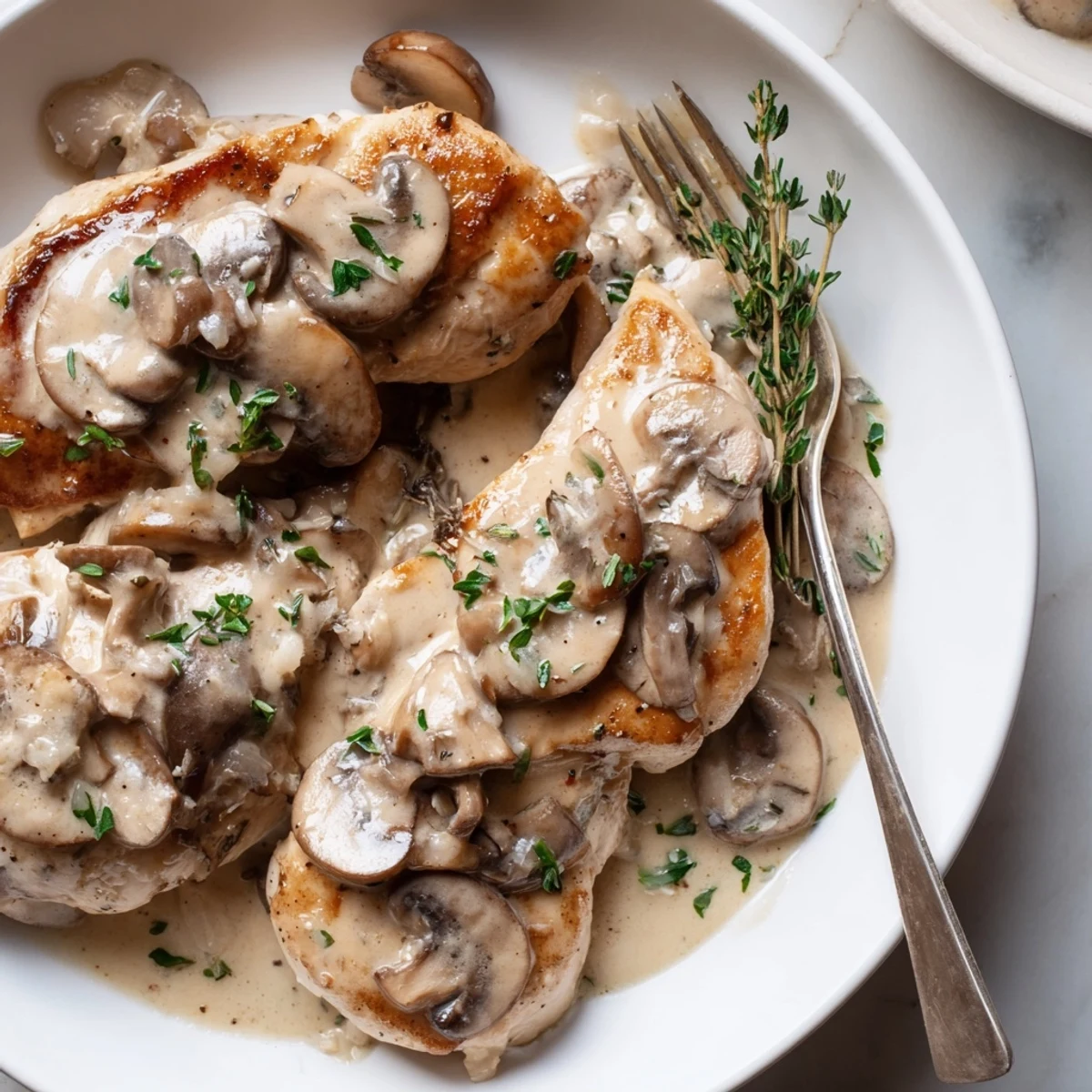 Creamy mushroom chicken smothered in velvety sauce with golden herb-roasted potato halves