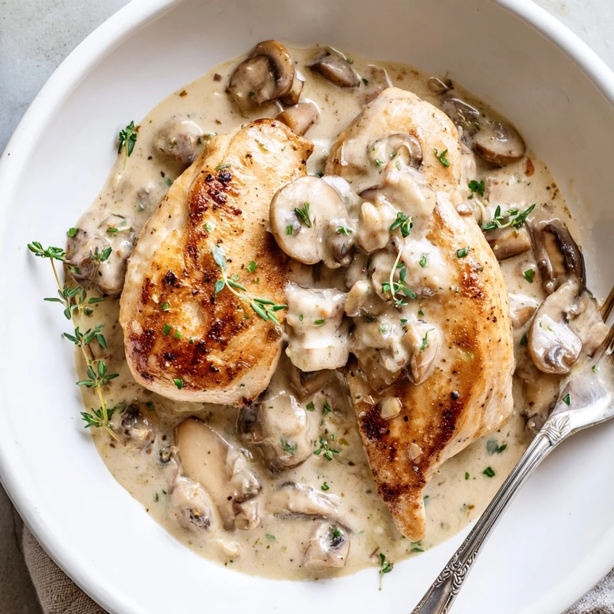Tender seared chicken breasts nestled in a rich creamy mushroom sauce with crispy potatoes