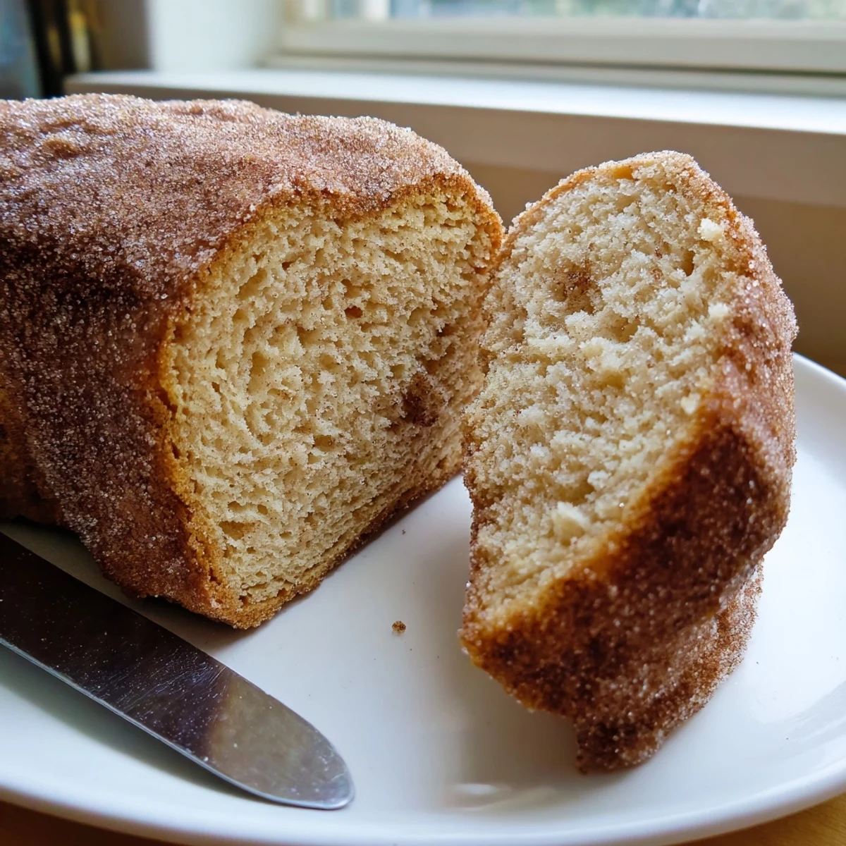 Golden cinnamon donut loaf sliced thick on a rustic wooden cutting board