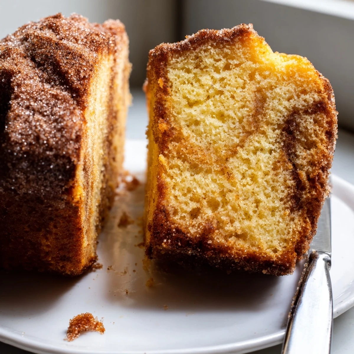 Warm cinnamon donut loaf topped with a sparkly cinnamon sugar crust