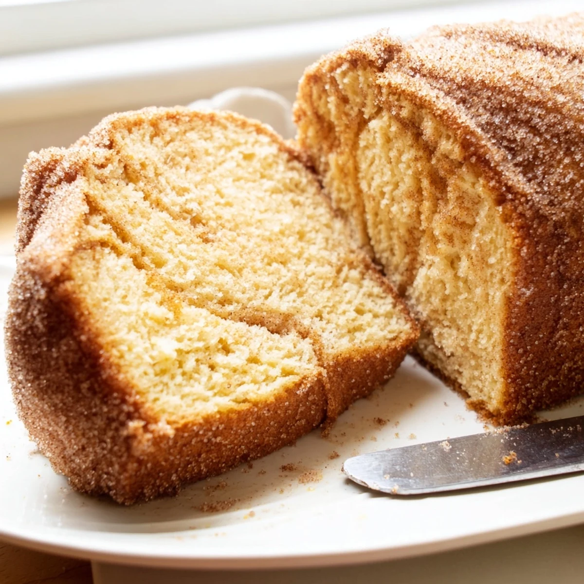 Moist cinnamon donut loaf served beside a steaming mug of coffee