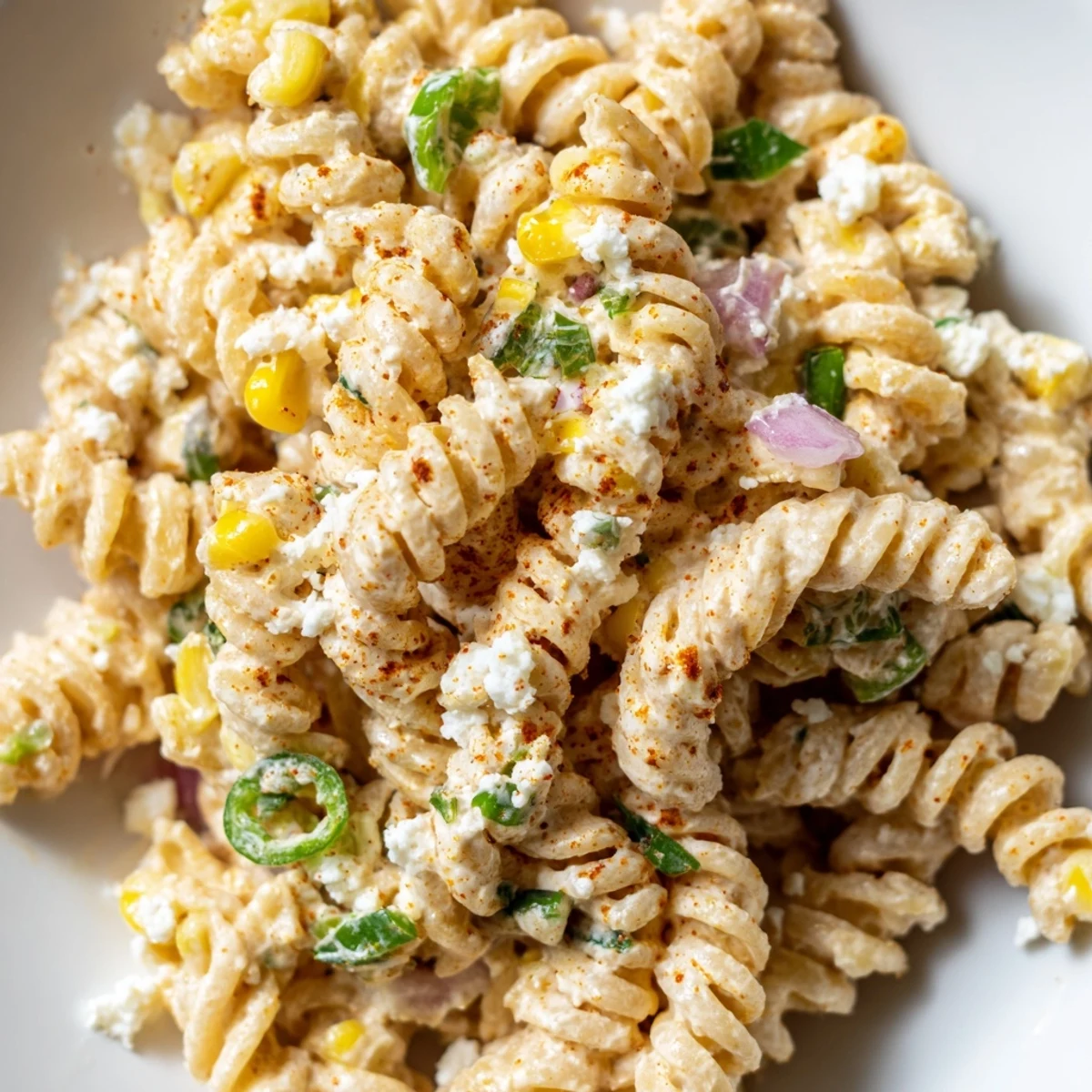 Bowl of elote pasta salad with charred sweet corn and tangy lime dressing