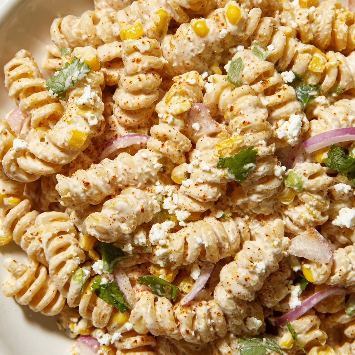 Creamy elote pasta salad topped with crumbled cotija cheese and fresh cilantro sprigs