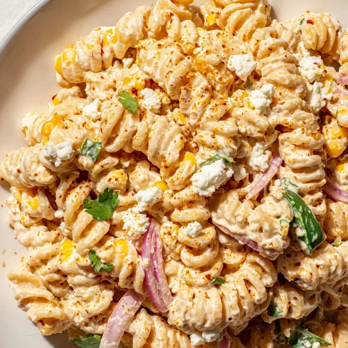 Colorful elote pasta salad featuring tender rotini, diced red onion, and jalapeño