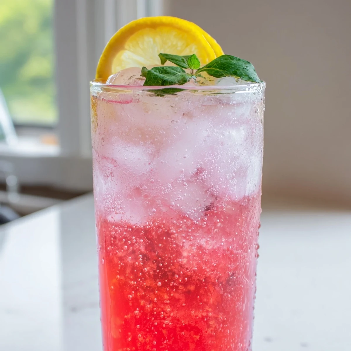 Sparkling honey lemon pink soda poured over ice with fresh mint garnish