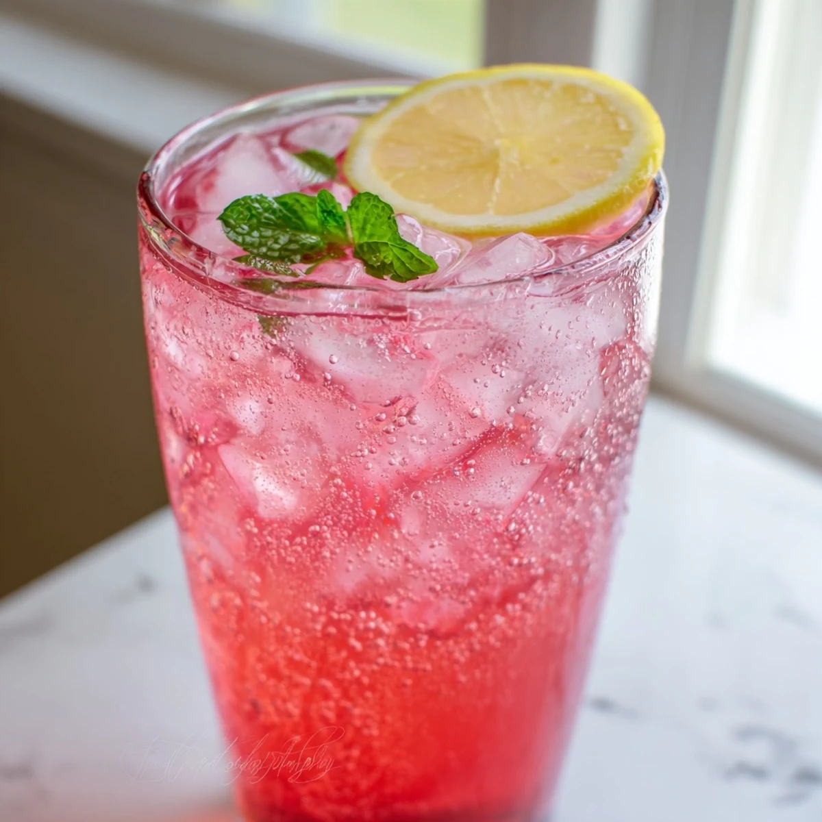 Bubbly honey lemon pink soda in a glass rimmed with bright raspberry syrup