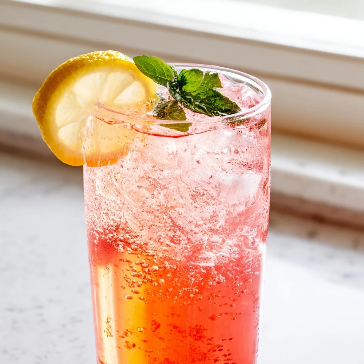 Chilled honey lemon pink soda garnished with lemon wheels and served at a summer table